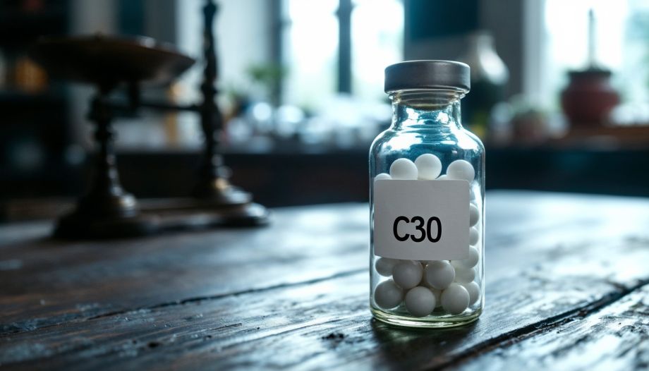 Fläschchen mit Beschriftung C30 oder D6. „Homöopathische Arznei in Glasfläschchen mit Globuli“