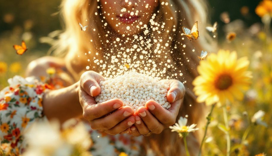 Detailaufnahme- Globuli fallen in eine Hand.„Globuli in Hand – sanfte Gabe homöopathischer Mittel“