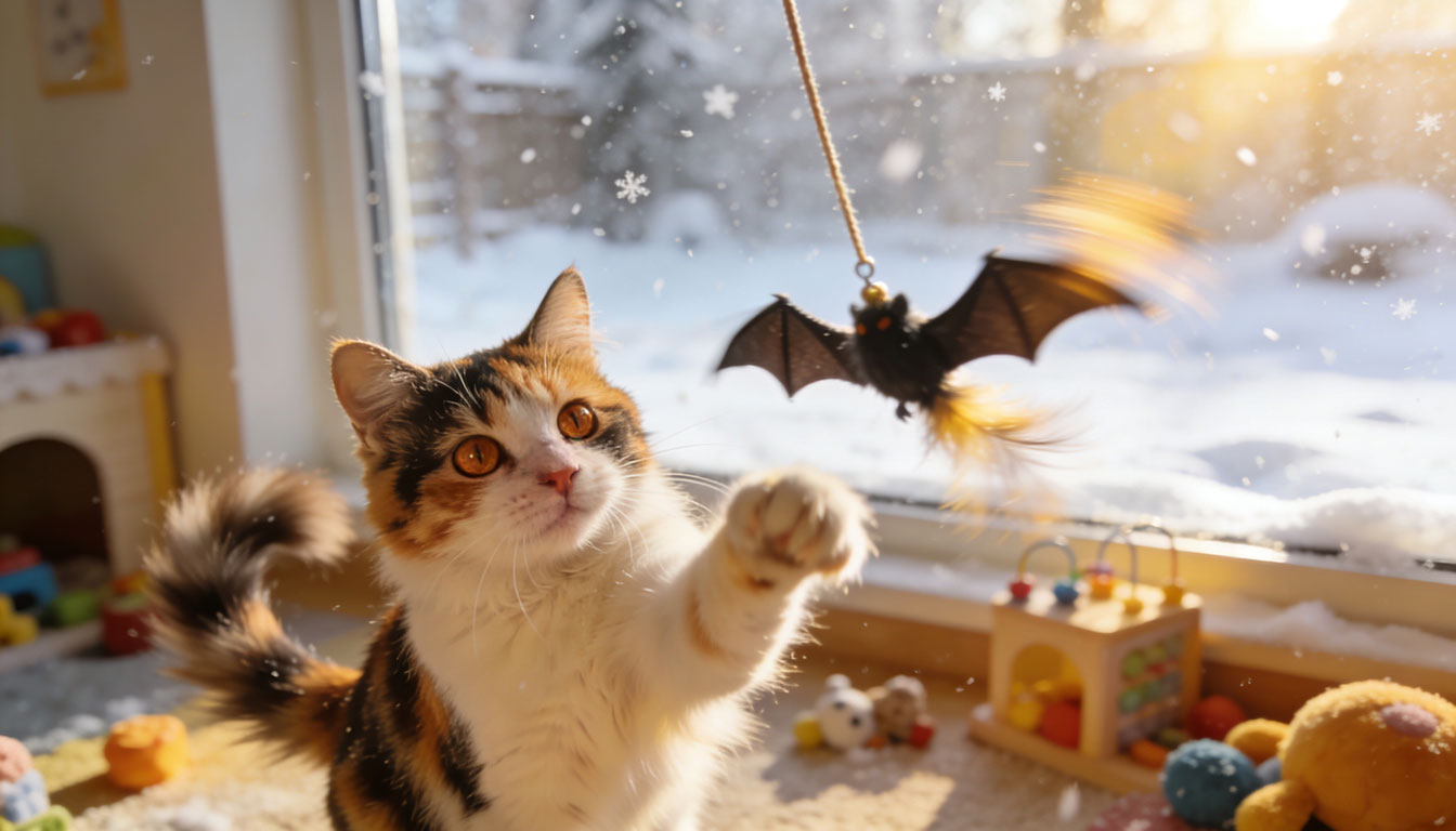 Hauskatze spielt aufmerksam am Fenster