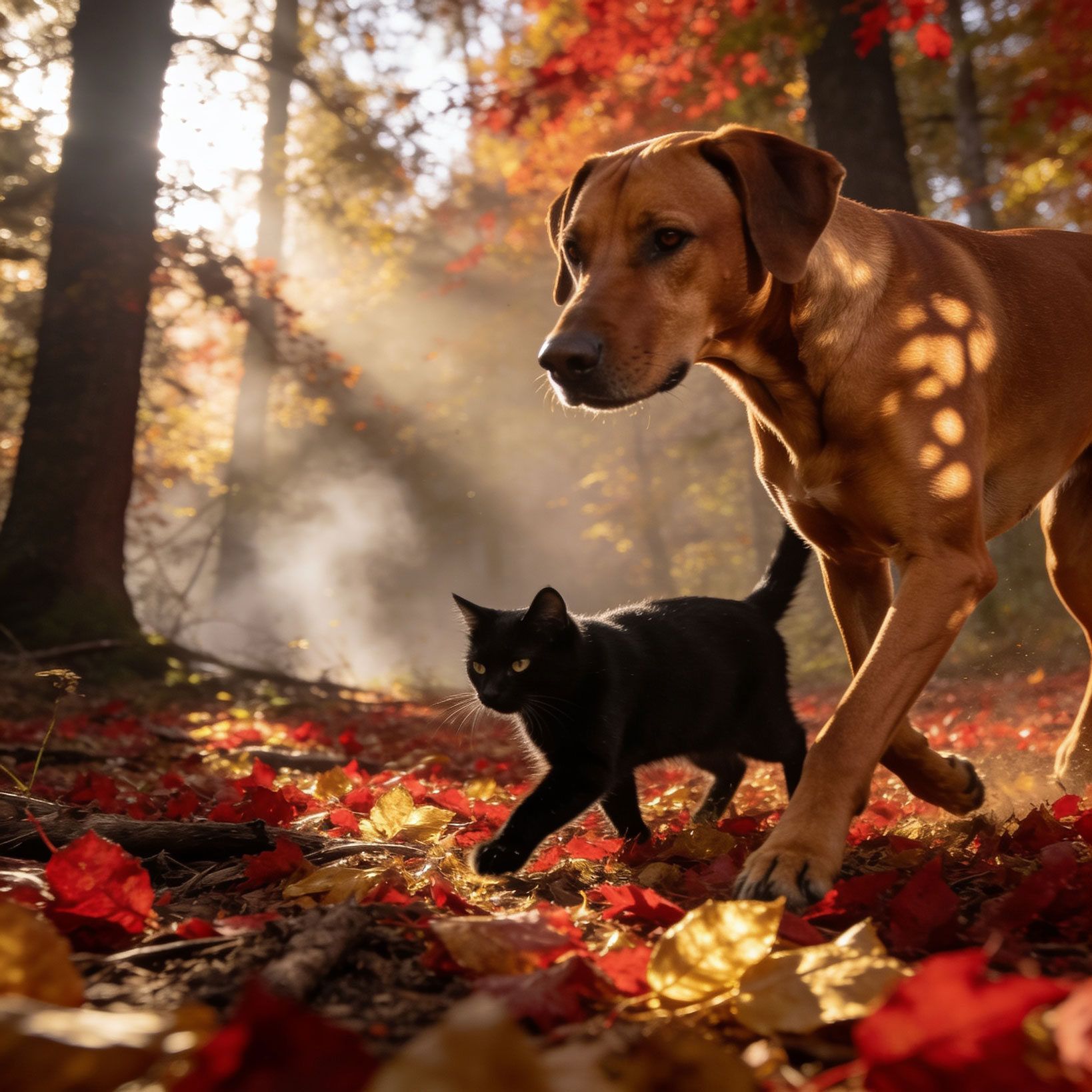 Hund und Katze gemeinsam in der Natur